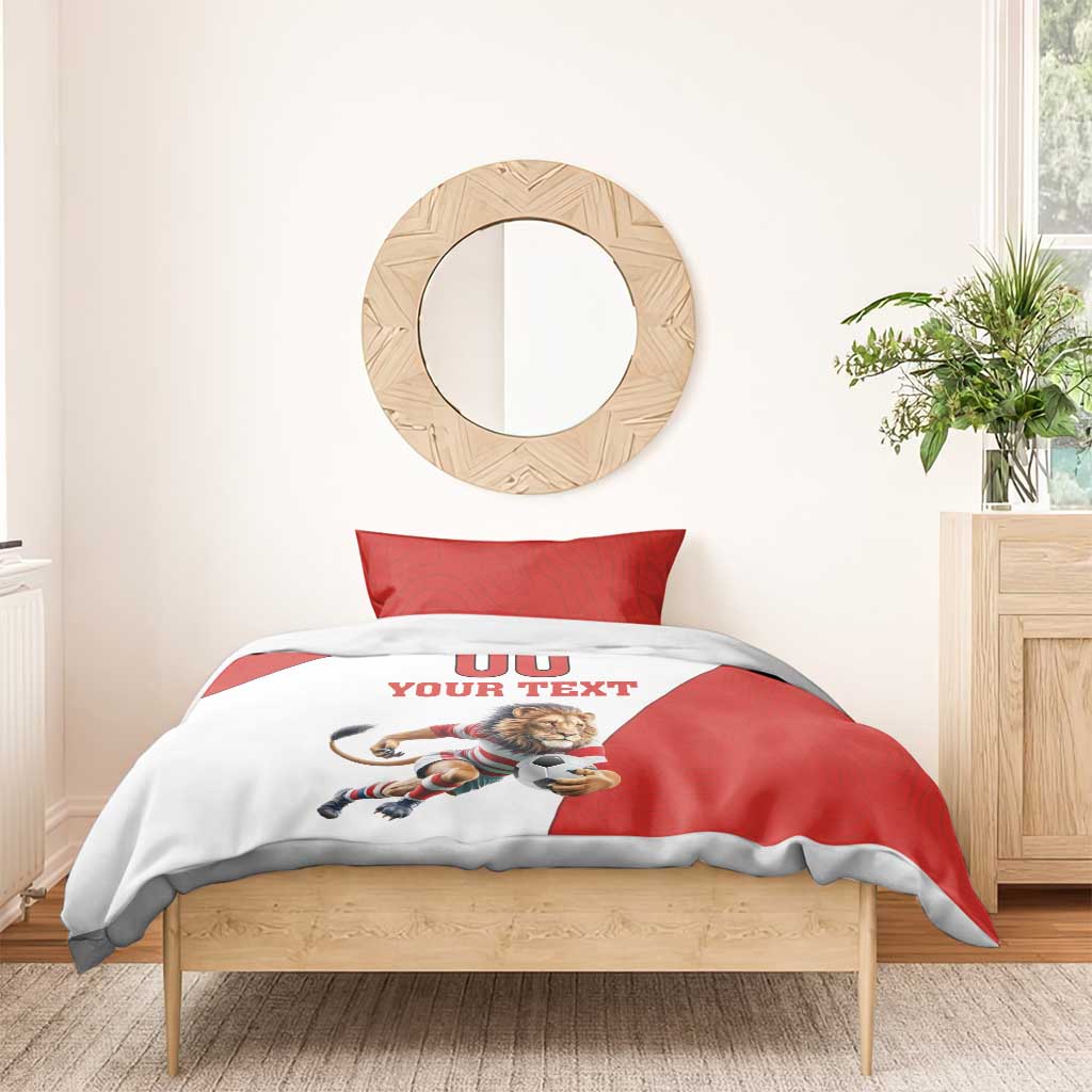 Red and white football duvet cover set with lion mascot soccer ball graphic and two pillows