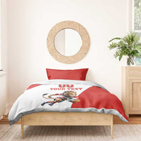 Red and white football duvet cover set with lion mascot soccer ball graphic and two pillows