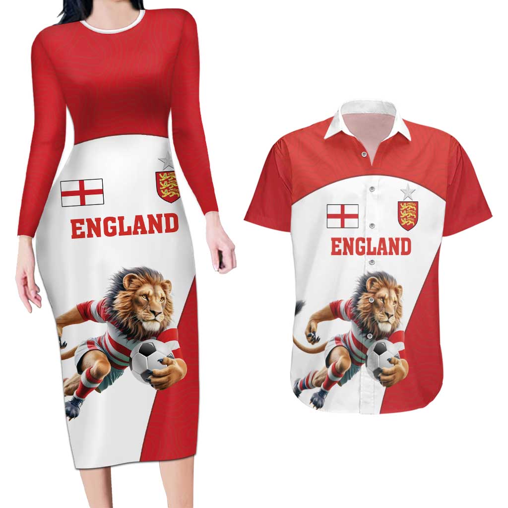 Custom England Football Couples Matching Long Sleeve Bodycon Dress and Hawaiian Shirt Lion Mascot Sporty Version