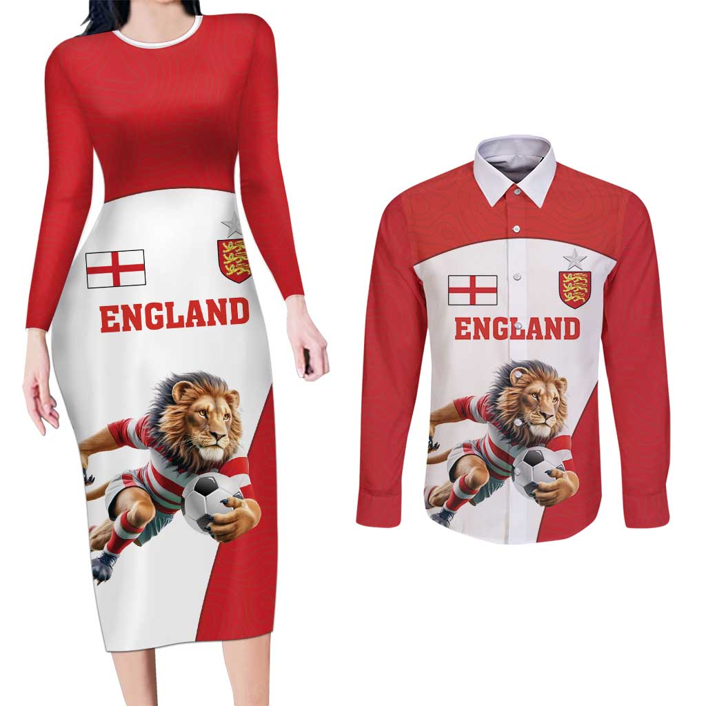 Custom England Football Couples Matching Long Sleeve Bodycon Dress and Long Sleeve Button Shirt Lion Mascot Sporty Version