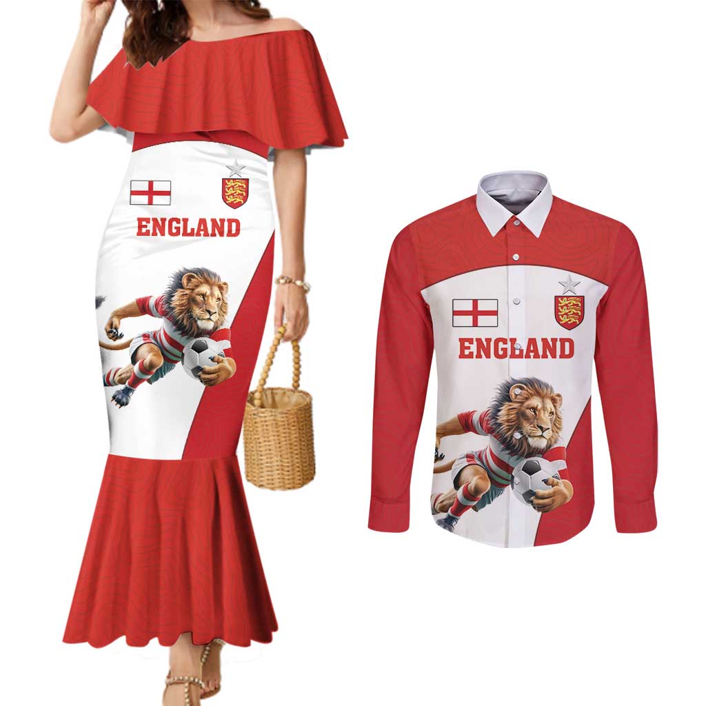 Custom England Football Couples Matching Mermaid Dress and Long Sleeve Button Shirt Lion Mascot Sporty Version