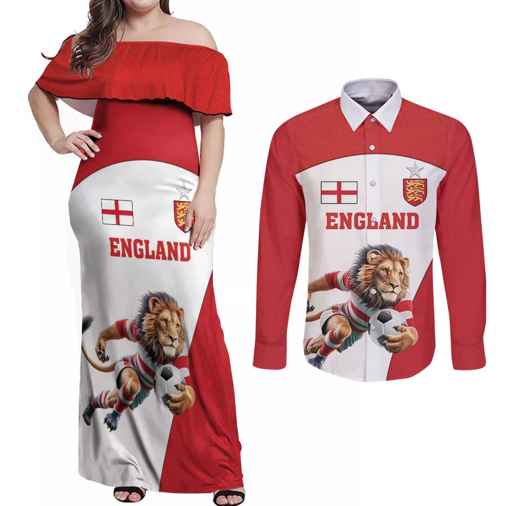 Custom England Football Couples Matching Off Shoulder Maxi Dress and Long Sleeve Button Shirt Lion Mascot Sporty Version