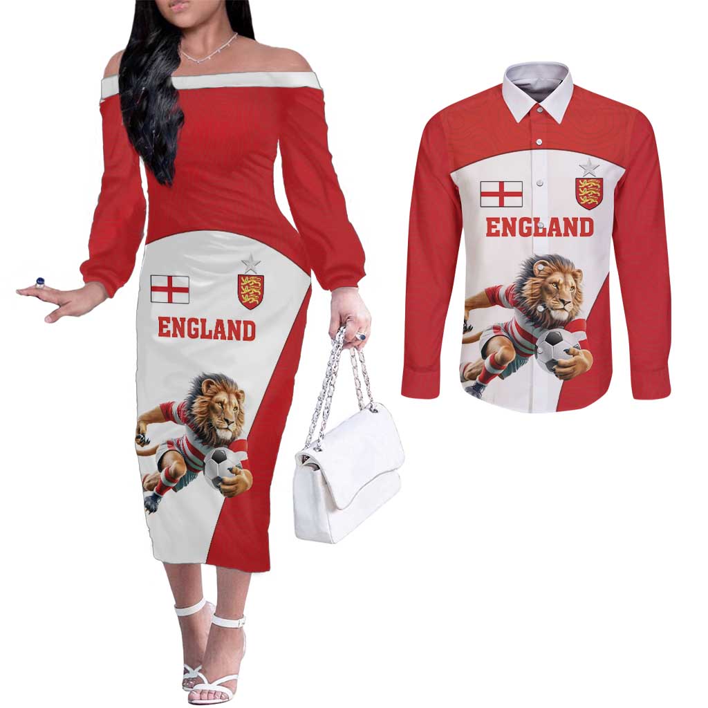 Custom England Football Couples Matching Off The Shoulder Long Sleeve Dress and Long Sleeve Button Shirt Lion Mascot Sporty Version