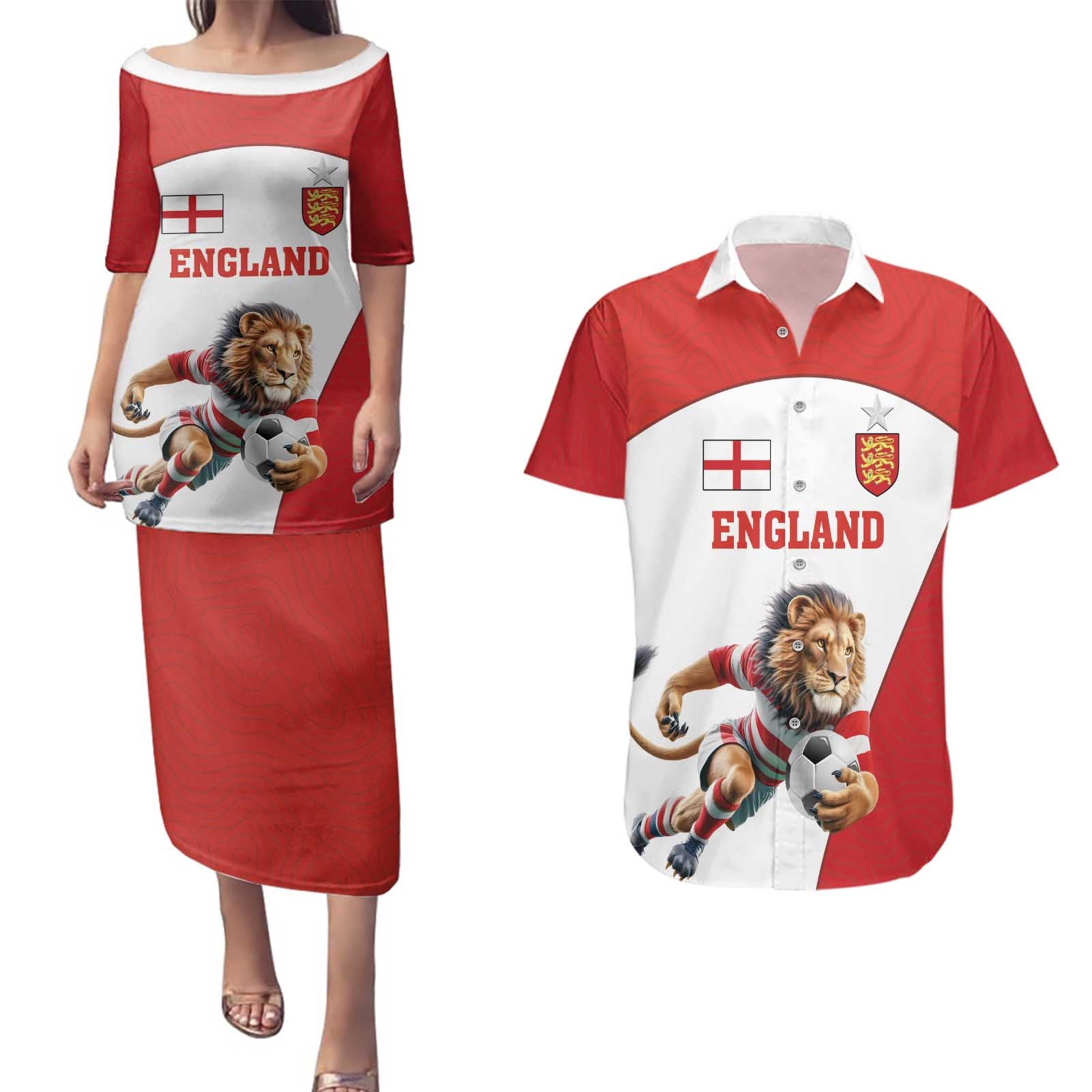 Custom England Football Couples Matching Puletasi and Hawaiian Shirt Lion Mascot Sporty Version