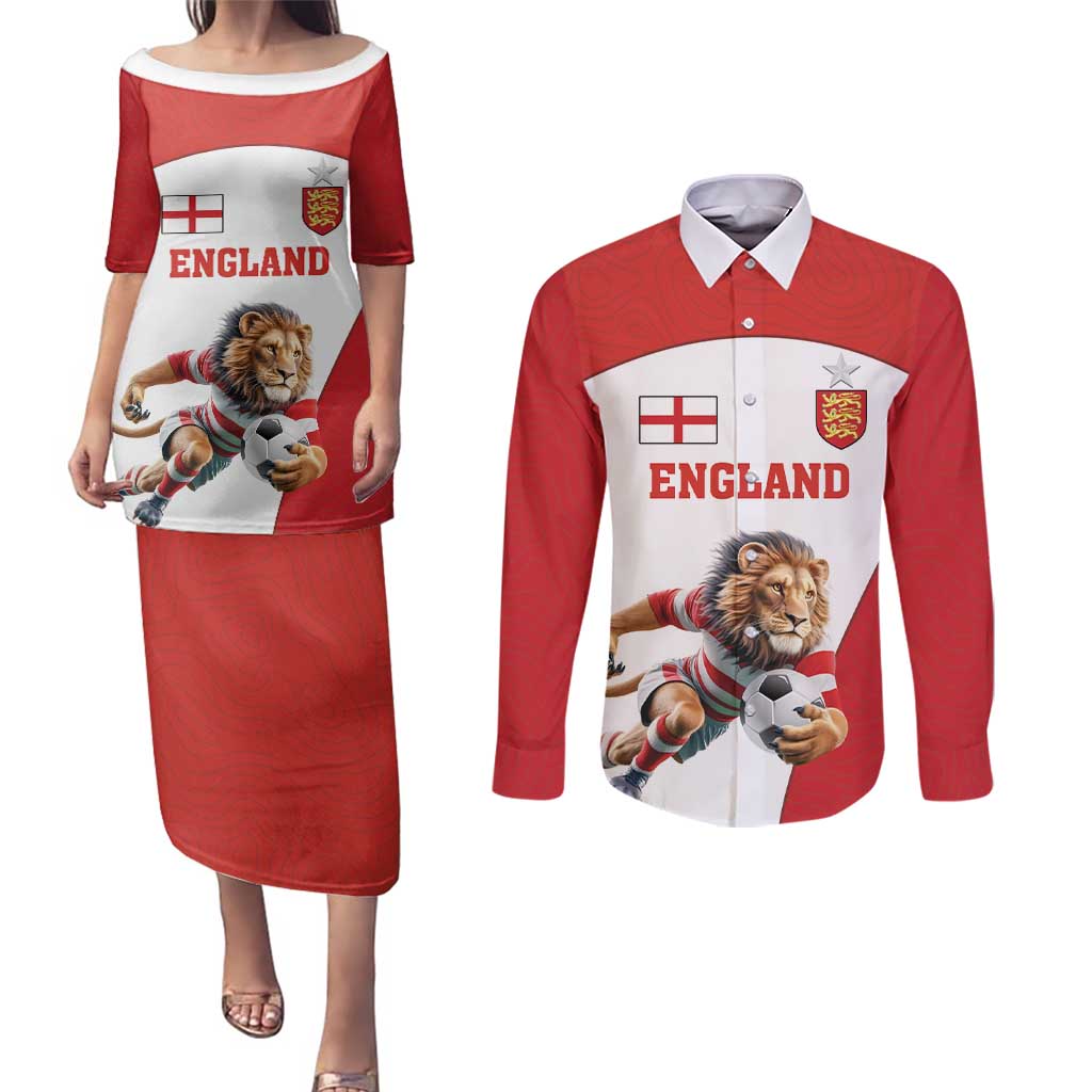 Custom England Football Couples Matching Puletasi and Long Sleeve Button Shirt Lion Mascot Sporty Version