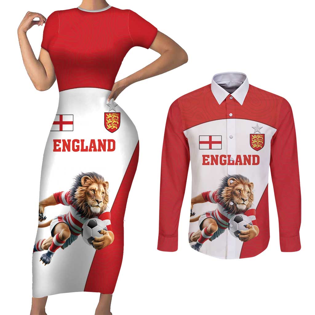 Custom England Football Couples Matching Short Sleeve Bodycon Dress and Long Sleeve Button Shirt Lion Mascot Sporty Version