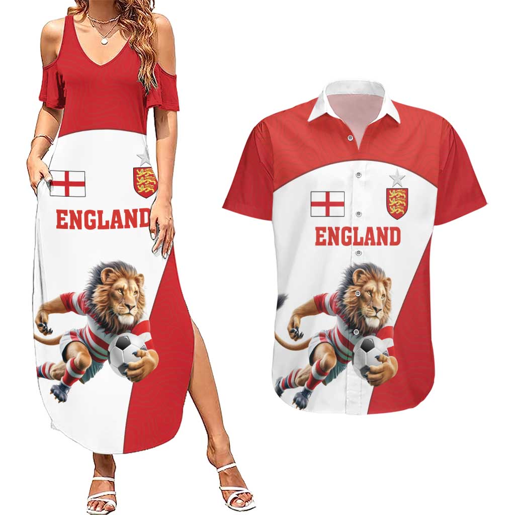 Custom England Football Couples Matching Summer Maxi Dress and Hawaiian Shirt Lion Mascot Sporty Version