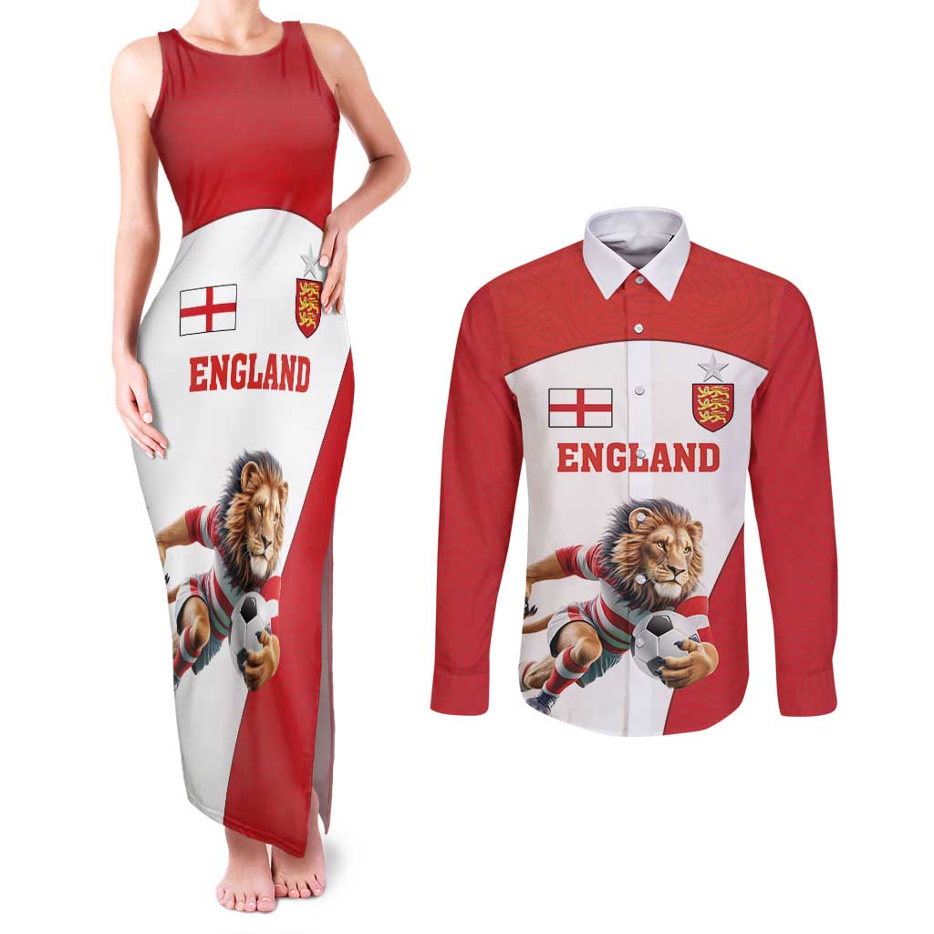 Custom England Football Couples Matching Tank Maxi Dress and Long Sleeve Button Shirt Lion Mascot Sporty Version