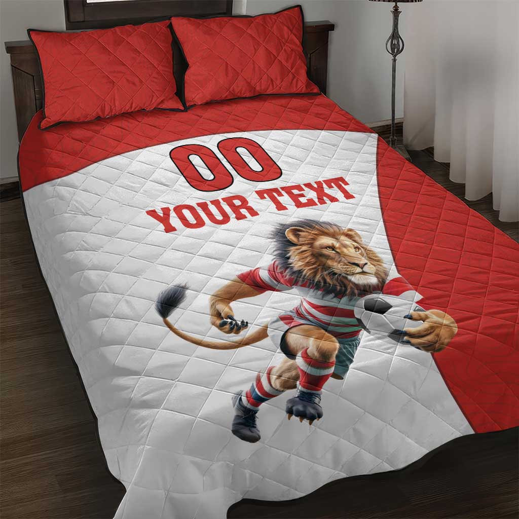 Red and white quilt bed set with lion mascot graphic and “DO YOUR TEXT” design