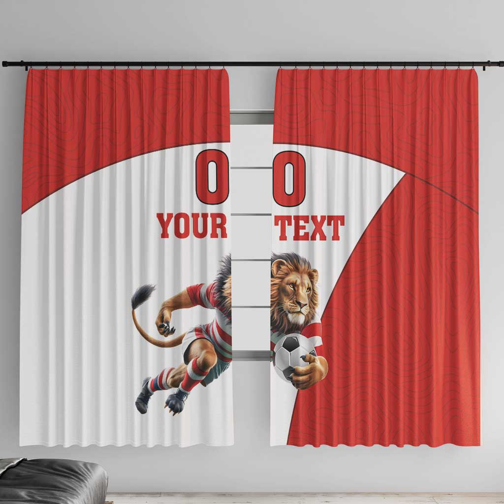 Red and white window curtain panels with lion soccer mascot and custom text