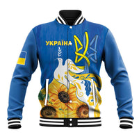 Unisex blue baseball bomber jacket with dove and sunflower graphic, striped collar cuffs