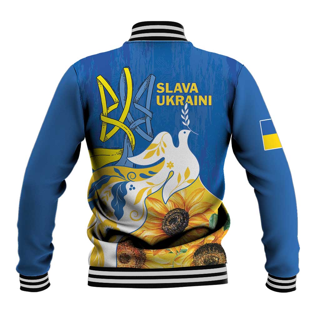 Unisex blue baseball bomber jacket with back text SLAVA UKRAINI and dove sunflower art