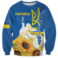 Blue sweatshirt with Ukraine dove and sunflower graphic