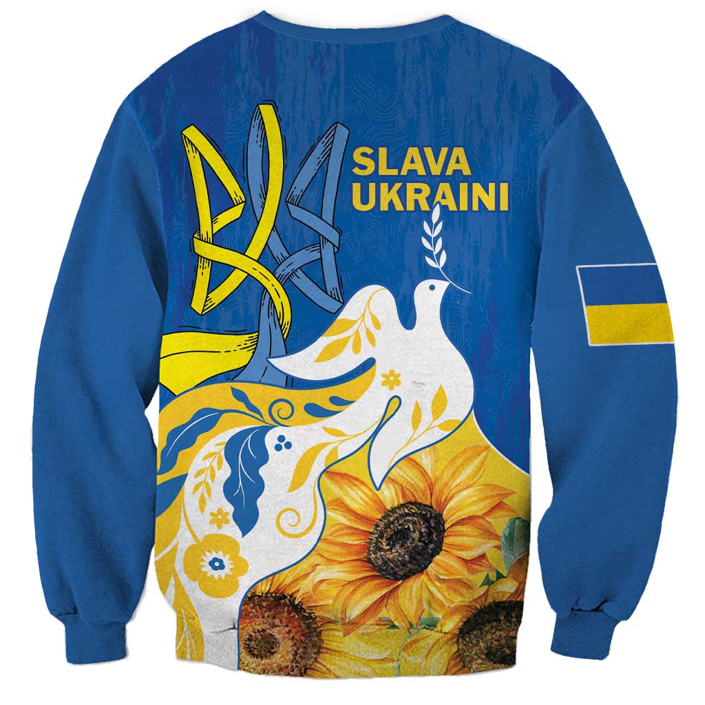 Unisex blue sweatshirt with 'SLAVA UKRAINI' text, dove, peace hand and sunflowers