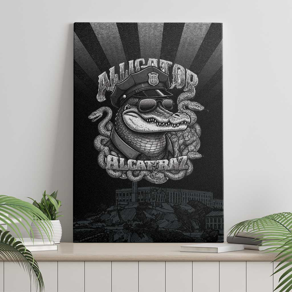 Black police canvas wall art with bulldog helmet graphic, vertical rays, city skyline bottom