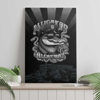 Black police canvas wall art with bulldog helmet graphic, vertical rays, city skyline bottom