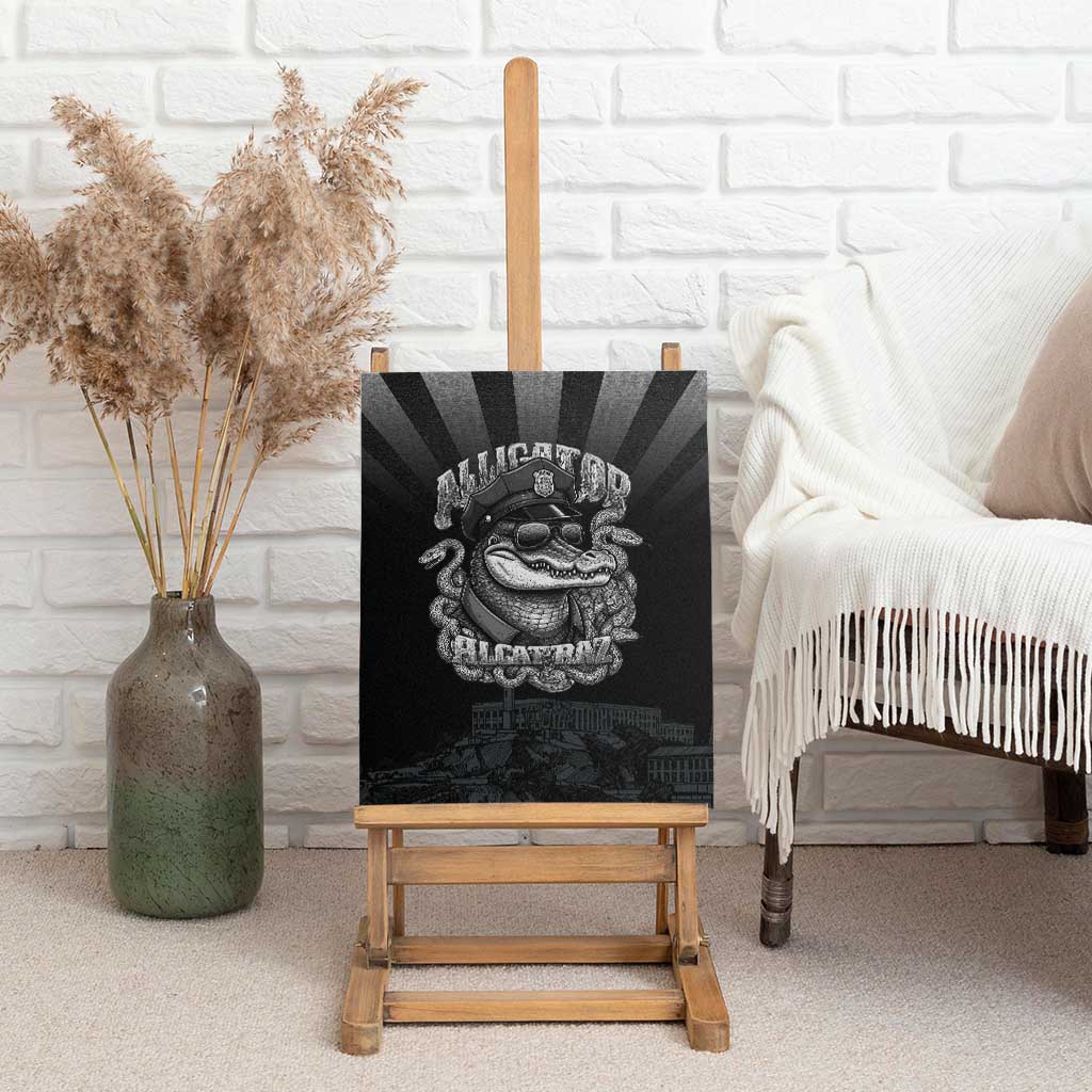 Black police canvas wall art on easel with bulldog helmet graphic and city skyline