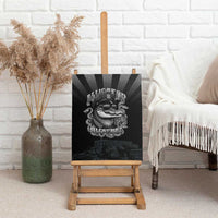 Black police canvas wall art on easel with bulldog helmet graphic and city skyline