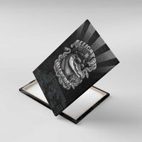 Framed black police canvas wall art with bulldog helmet graphic and striped rays