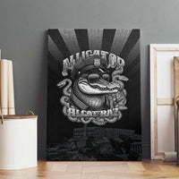 Black police canvas wall art on wooden floor with bulldog helmet graphic and skyline