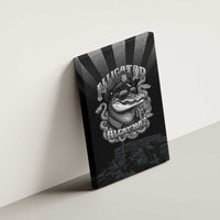 Black police canvas wall art mounted on wall with bulldog helmet graphic and rays