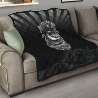 Black quilted couch throw with diamond pattern and grayscale alligator police graphic