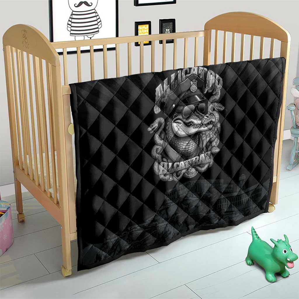 Black diamond-quilt baby blanket with grayscale alligator police graphic