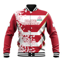 Red varsity baseball jacket with cherry blossom print, snap buttons, striped ribbed collar