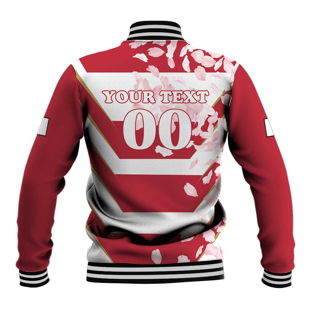 Red varsity jacket back with '00' graphic, cherry blossoms, striped ribbed collar & cuffs