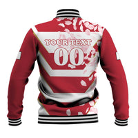 Red varsity jacket back with '00' graphic, cherry blossoms, striped ribbed collar & cuffs