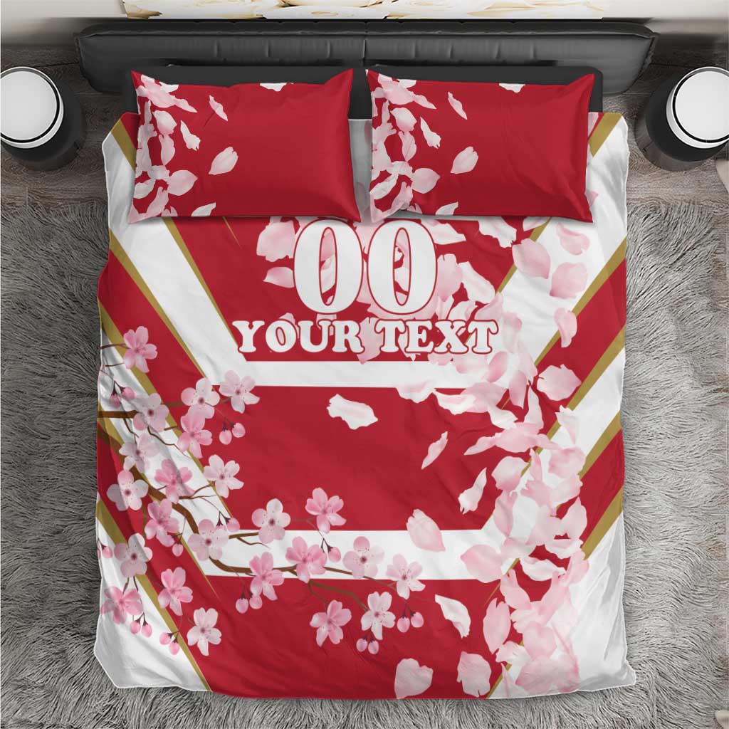 Red cherry blossom bedding set with two red pillowcases, custom "YOUR TEXT"