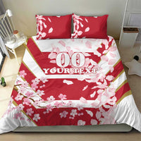Red cherry blossom bedding set with two pillowcases, centered custom text print
