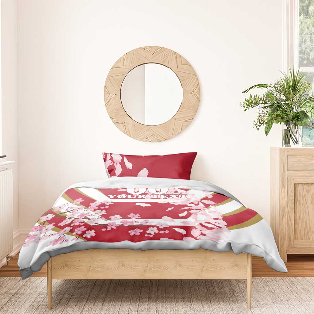 Red cherry blossom duvet cover and pillowcase set with custom text band