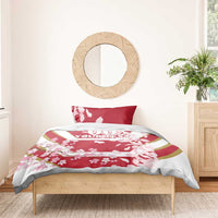 Red cherry blossom duvet cover and pillowcase set with custom text band