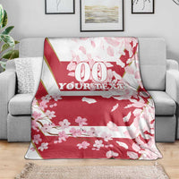 Custom rugby blanket, red cherry blossom print with '00 YOUR TEXT' personalization