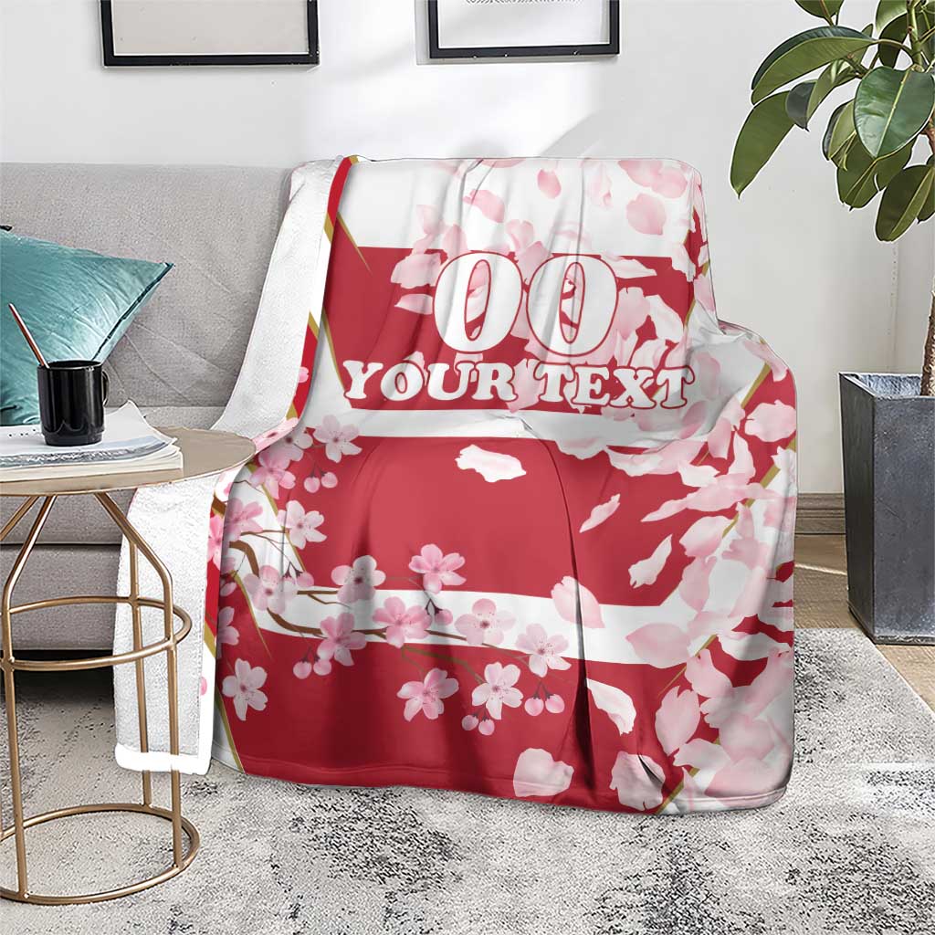 Red custom rugby blanket with cherry blossom and petals print, '00 YOUR TEXT' center