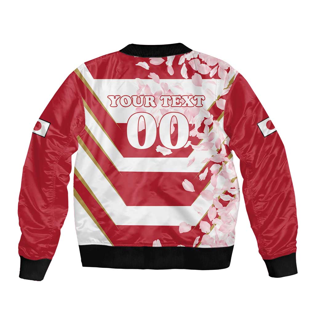 Red bomber jacket back with black ribbed trim, diagonal stripes, cherry blossoms, 'YOUR TEXT'