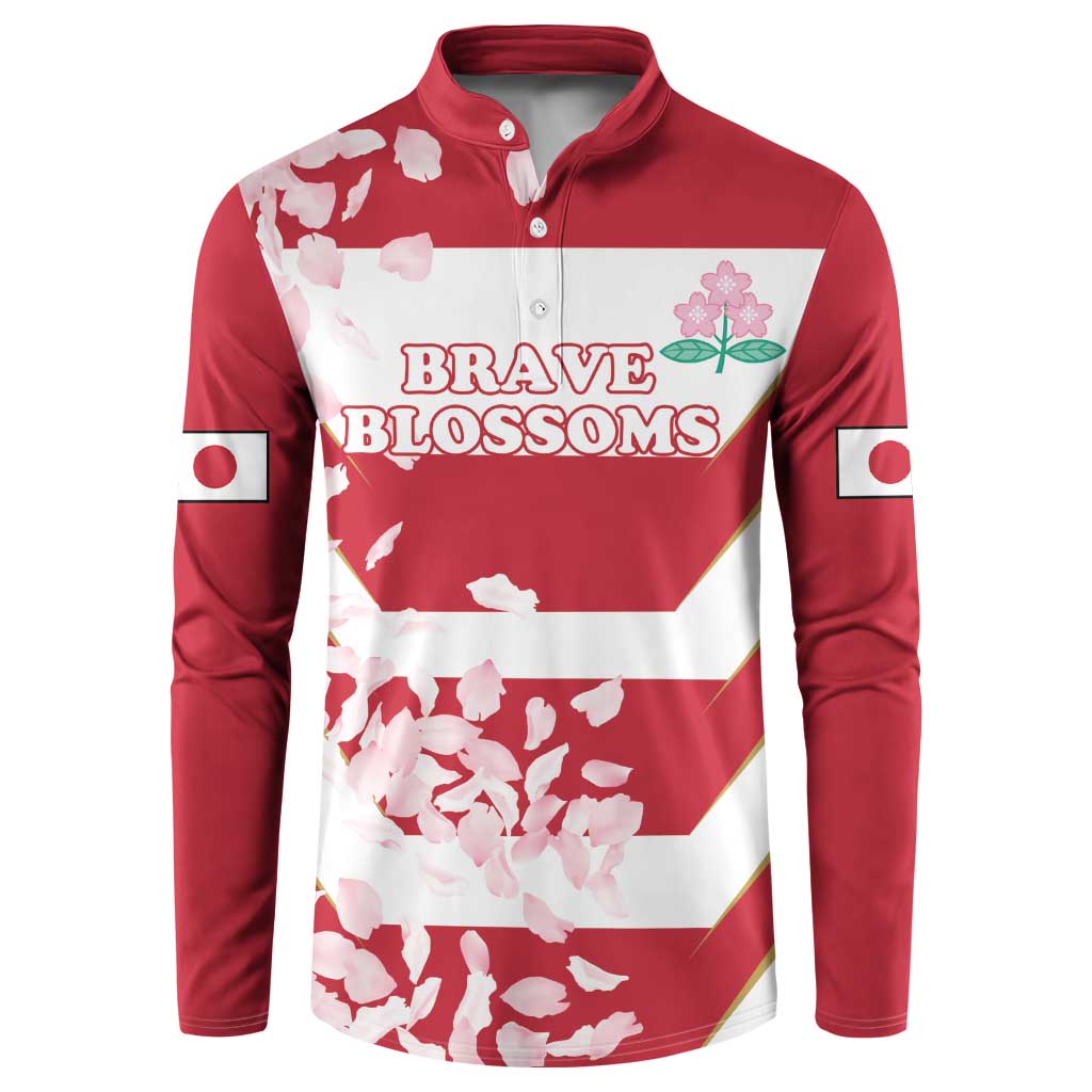 Red rugby button sweatshirt with white-and-pink cherry blossoms and 'BRAVE BLOSSOMS' graphic