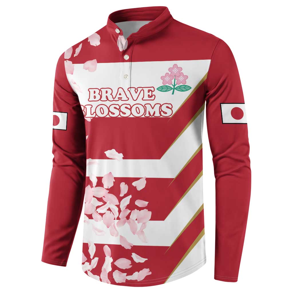 Red rugby button sweatshirt with 'BRAVE BLOSSOMS' logo, white stripe bands, cherry blossom print