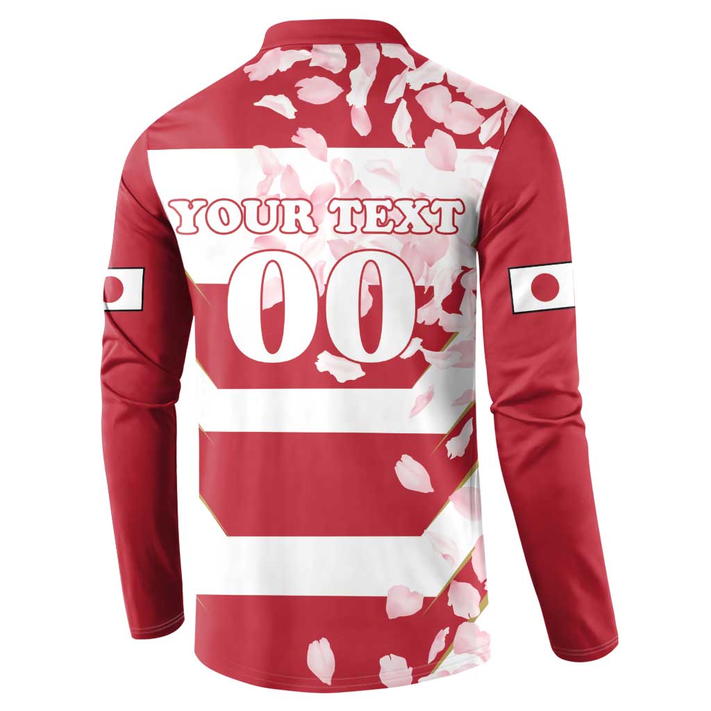 Red rugby button sweatshirt back with 'YOUR TEXT' and large '00' over cherry blossom print