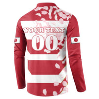 Red rugby button sweatshirt back with 'YOUR TEXT' and large '00' over cherry blossom print