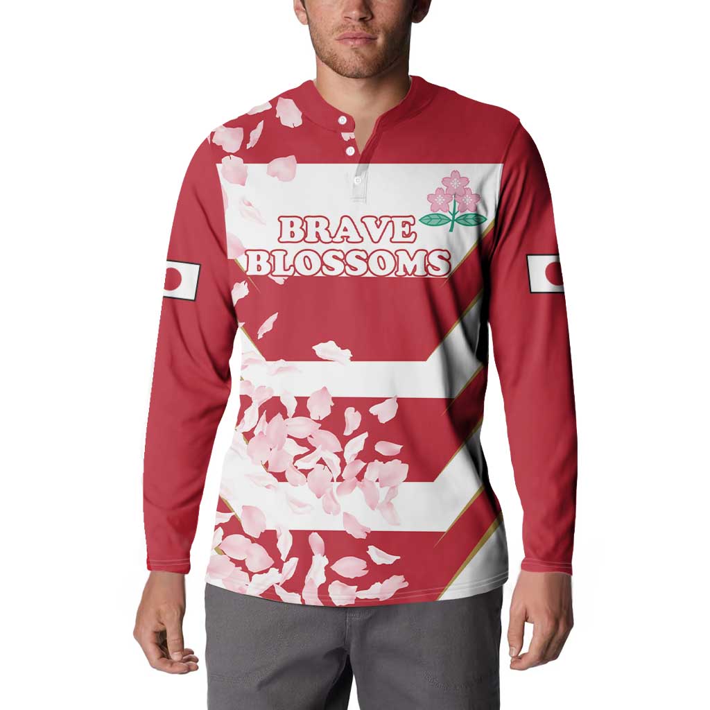Red rugby button sweatshirt on model with front 'BRAVE BLOSSOMS' graphic and blossom print