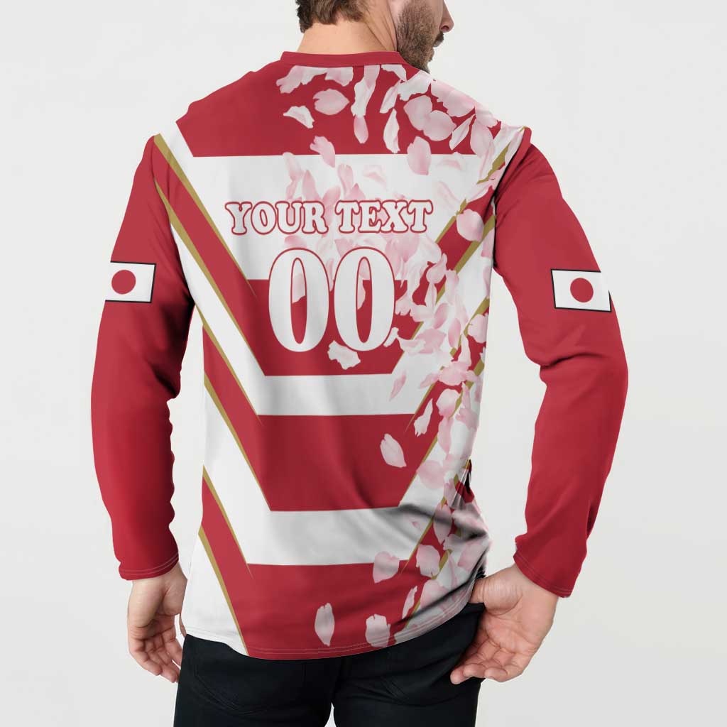 Red rugby button sweatshirt back with 'YOUR TEXT' and '00' over white diagonal stripe print