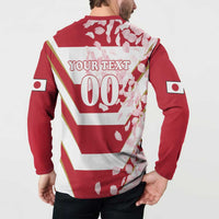 Red rugby button sweatshirt back with 'YOUR TEXT' and '00' over white diagonal stripe print