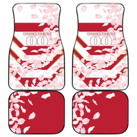 Car floor mats set with red and white cherry blossoms, two front and two rear
