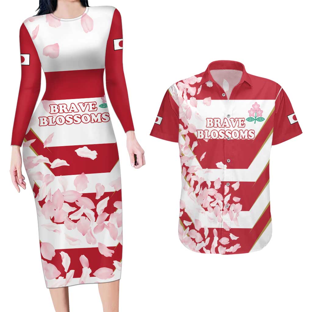 Custom Japan Rugby Couples Matching Long Sleeve Bodycon Dress and Hawaiian Shirt Brave Cherry Blossoms Flying Petals - Wonder Print Shop