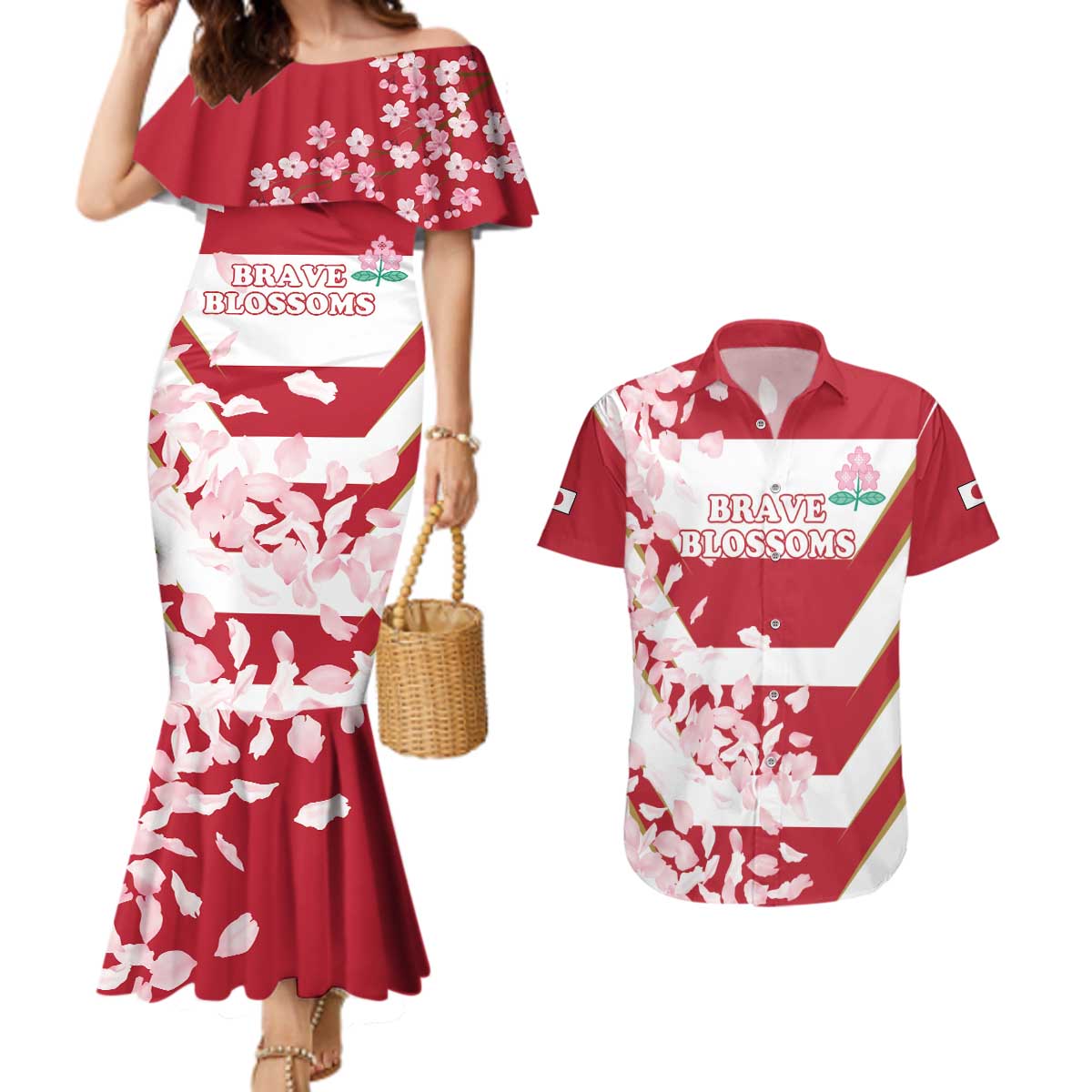 Custom Japan Rugby Couples Matching Mermaid Dress and Hawaiian Shirt Brave Cherry Blossoms Flying Petals - Wonder Print Shop