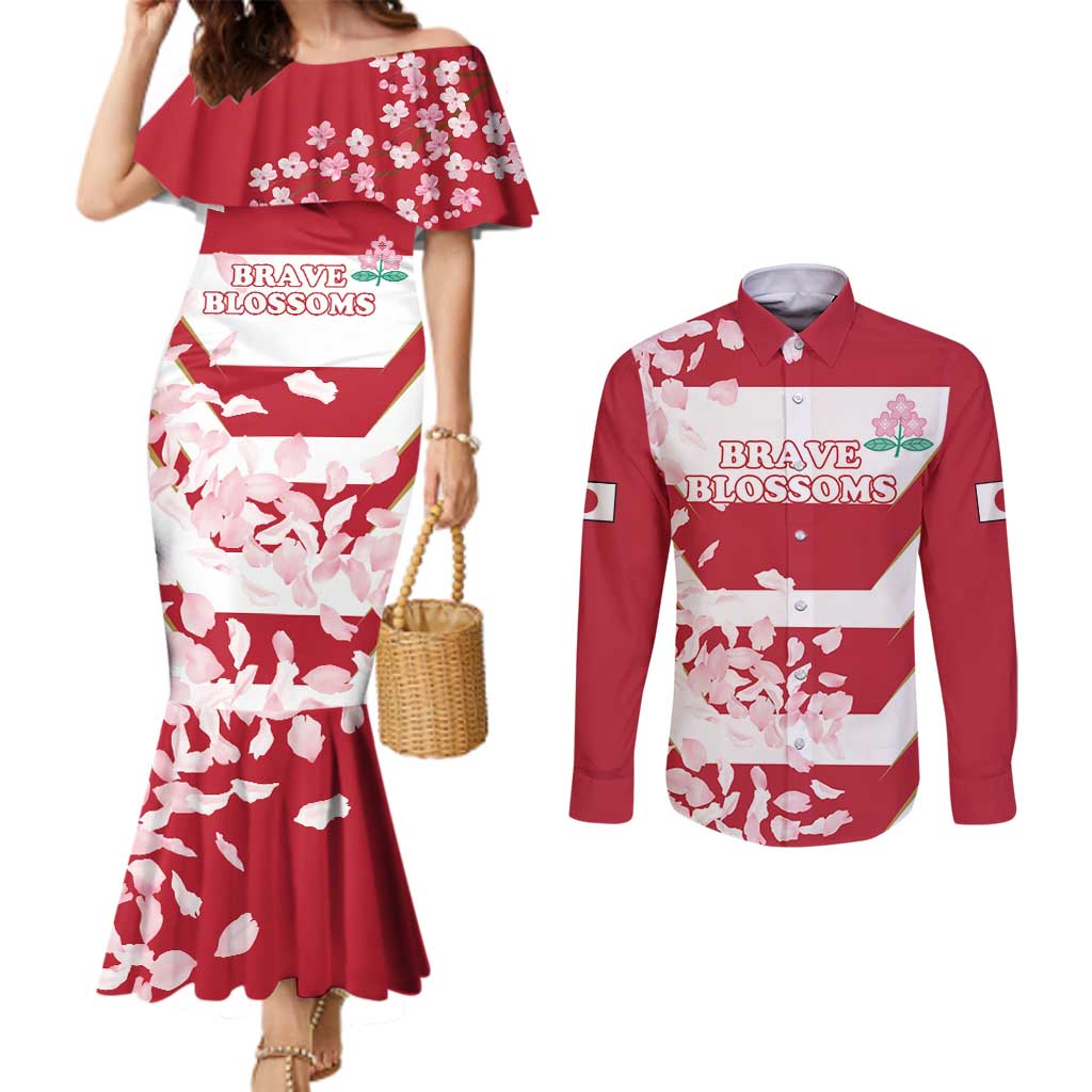 Custom Japan Rugby Couples Matching Mermaid Dress and Long Sleeve Button Shirt Brave Cherry Blossoms Flying Petals