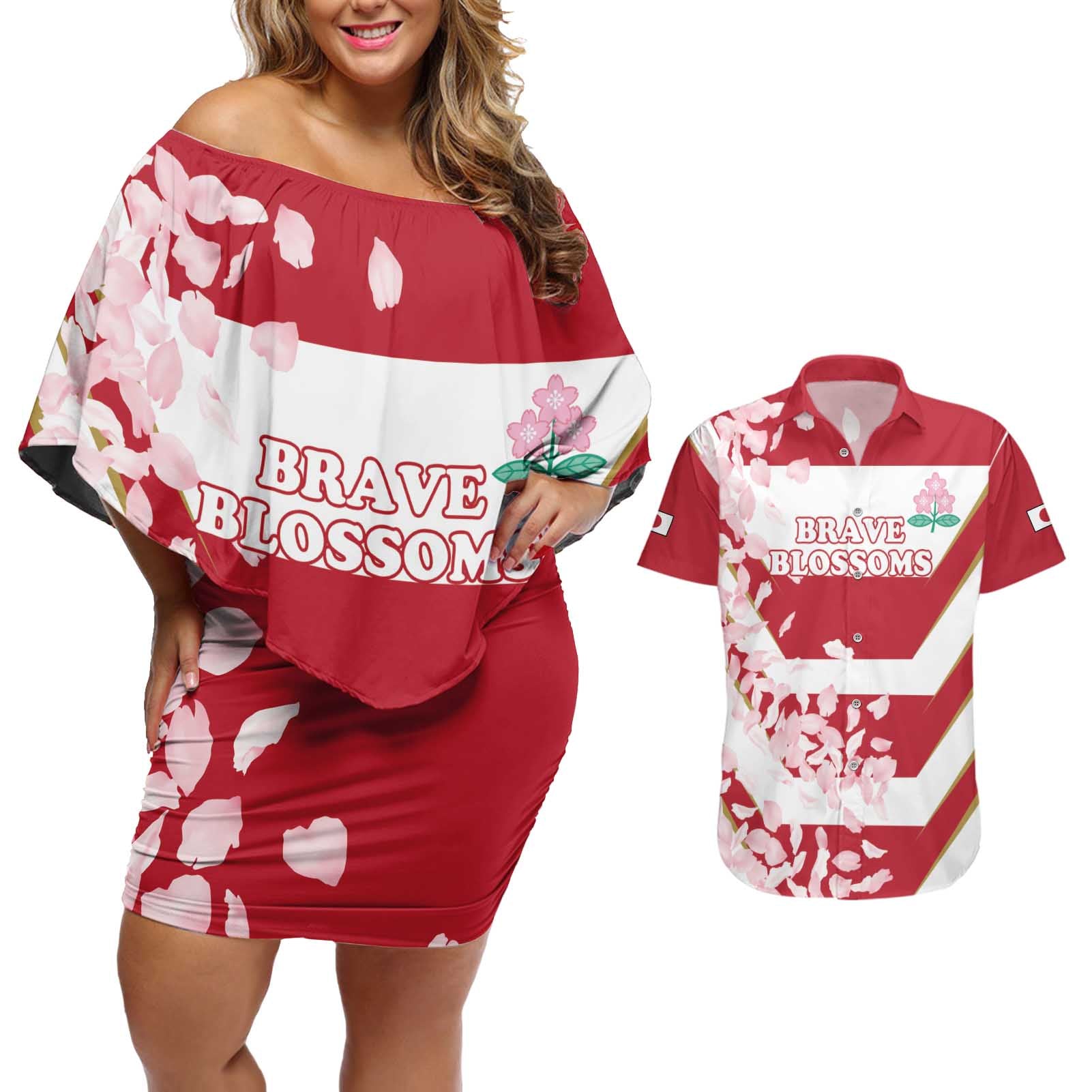 Custom Japan Rugby Couples Matching Off Shoulder Short Dress and Hawaiian Shirt Brave Cherry Blossoms Flying Petals - Wonder Print Shop