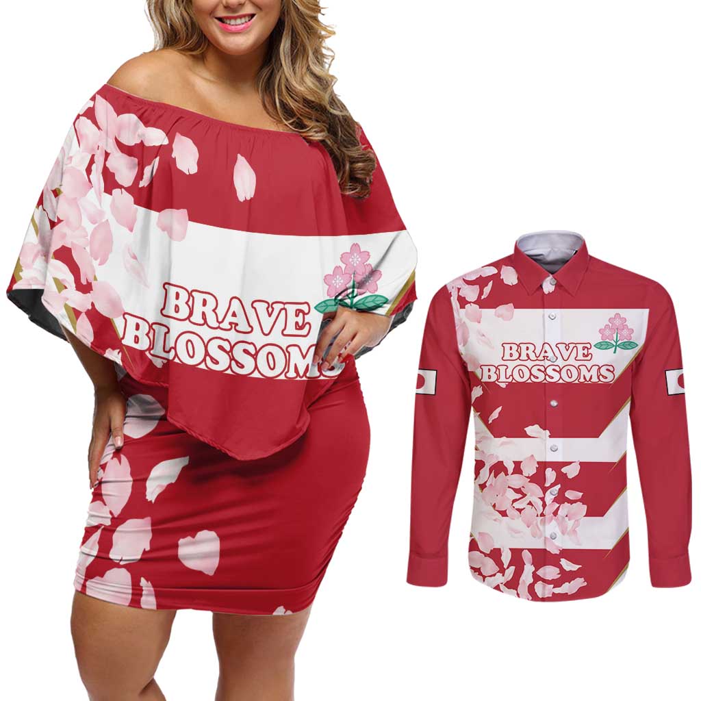 Custom Japan Rugby Couples Matching Off Shoulder Short Dress and Long Sleeve Button Shirt Brave Cherry Blossoms Flying Petals - Wonder Print Shop